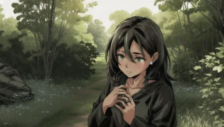 (dark theme:0.9), (dark shot:1.1), epic realistic,  <lora:LONA:0.8>, a girl in forest, 16 yo, brown skin tone, dark brown hair, (rings in hair:1.2), pins in hair, dark green eyes, short hair, happy expression, blush, big round eyes, red cloack, brown tshirt, (full body:1.2), holding flower, unfocused monsters orcs and goblins in background, 3:4 angle, long shot, down shot, wallpaper, cg art, faded, (neutral colors:1.2), (hdr:1.4), (muted colors:1.2), hyperdetailed, (artstation:1.4), cinematic, warm lights, dramatic light, (intricate details:1.1), complex background, (rutkowski:0.66), (teal and orange:0.4), (hdr:1.22), muted colors, complex background, hyperrealism, hyperdetailed, amandine van ray, (intricate details:0.9), (hdr, hyperdetailed:1.2), masterpiece,best quality,ultra-detailed,very detailed illustrations,extremely detailed,intricate details,highres,super complex details,extremely detailed 8k cg wallpaper,