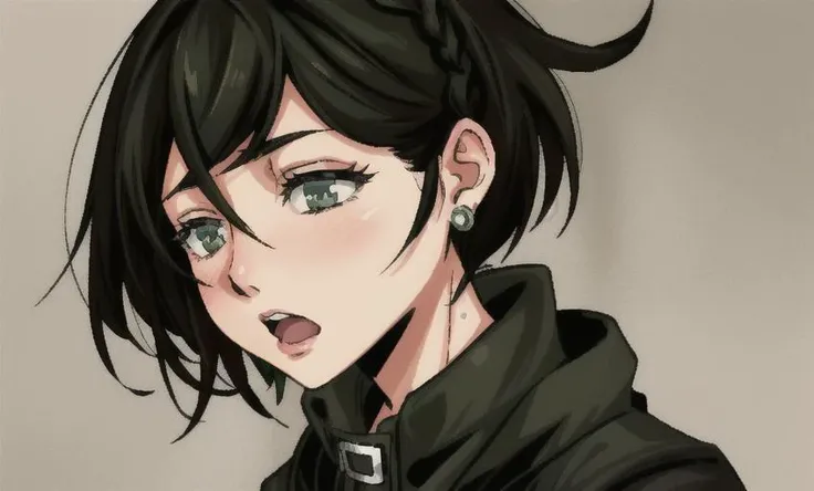 (dark theme:0.9), <lora:LONA:0.8>, a girl in (town:1.2), 16 yo, dark brown hair, (rings in hair:1.2), dark green eyes, short hair, open mouth, blush, big round eyes,, (intricate details:0.9), (hdr, hyperdetailed:1.2), (hdr:1.22), muted colors, complex background, hyperrealism, hyperdetailed, amandine van ray