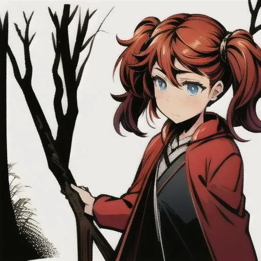 <lora:LONA04:1>,a girl in red coat with blue eyes and red hair twintails in a black and dark forest,high-quality edges,pronounced lines,contrasting shadows,