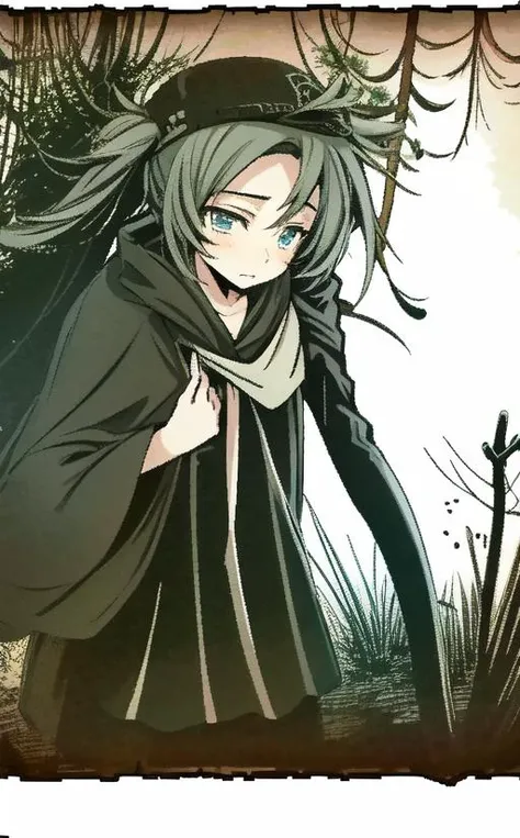 <lora:LONA04:1>,a girl 21 yo in green cloack with blue eyes and red hair twintails standing in lustfull pose in a black and dark forest with fog and dusk,high-quality edges,pronounced lines,contrasting shadows,monochrome,
