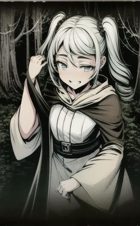 <lora:LONA04:1>,a girl 21 yo in green cloack with blue eyes and red hair twintails standing sensual pose,smiling with teeth face expression,in a black and dark forest with fog and dusk,high-quality edges,pronounced lines,contrasting shadows,duochrome,