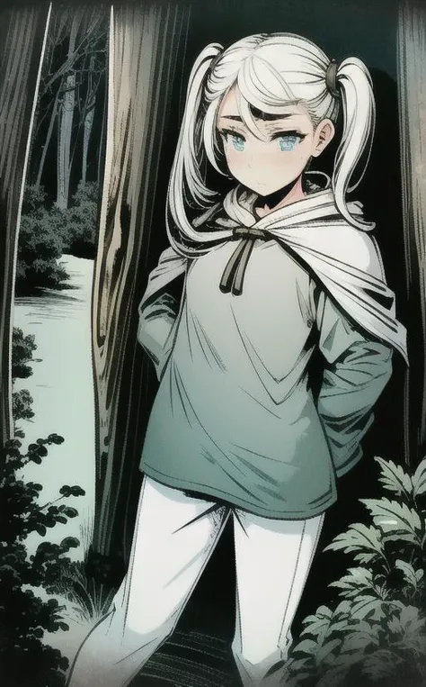 <lora:LONA04:1>,a girl 21 yo in green cloack with blue eyes and red hair twintails standing in lustfull pose in a black and dark forest with fog and dusk,high-quality edges,pronounced lines,contrasting shadows,monochrome,