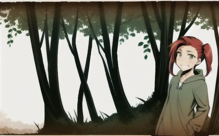 <lora:LONA04:1>,a girl 21 yo in green cloack with (square green eyes:1.2) and red (mohawk hair:1.3) twintails standing sensual pose,smiling with teeth face expression,in a black and dark forest with smoke,high-quality edges,pronounced lines,contrasting shadows,duochrome,