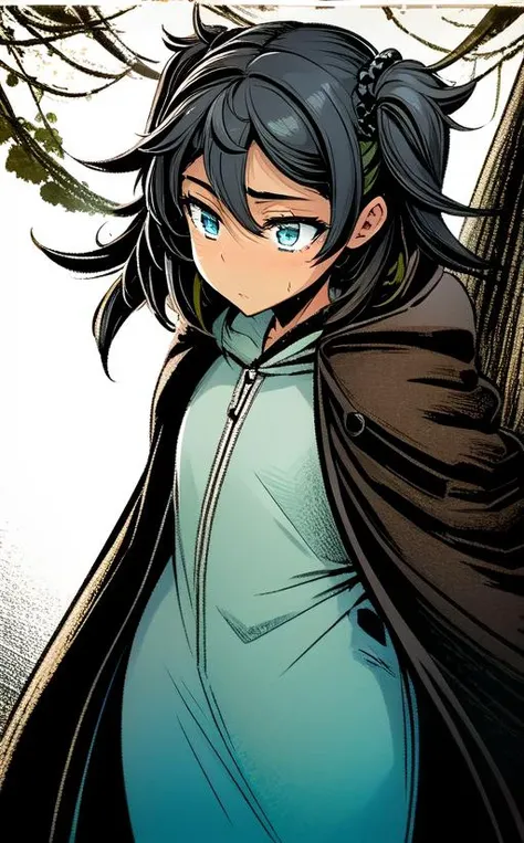 <lora:LONA04:1>,a girl 21 yo in green cloack with blue eyes and red hair twintails standing in lustfull pose in a black and dark forest with fog and dusk,high-quality edges,pronounced lines,contrasting shadows,monochrome,