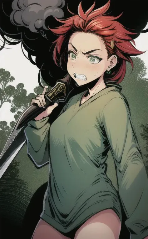 <lora:LONA04:1>,a girl 21 yo in green tshirt with (square green eyes:1.2) and red (mohawk hair:1.3) twintails standing sensual pose,angry with teeth face expression,holding a sword in one hand,in a cavern with a dark smoke clouds,high-quality edges,pronounced lines,contrasting shadows,duochrome,
