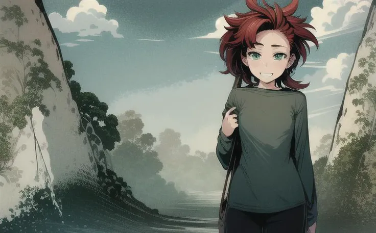<lora:LONA04:1>,a girl 21 yo in green tshirt with (square green eyes:1.2) and red (mohawk hair:1.3) twintails standing sensual pose,smiling with teeth face expression,in a cavern with a dark smoke clouds,high-quality edges,pronounced lines,contrasting shadows,duochrome,