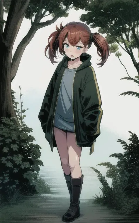 <lora:LONA04:1>,a girl 21 yo in green cloack with blue eyes and red hair twintails standing sensual pose,shocked and surprised face expression,in a black and dark forest with fog and dusk,high-quality edges,pronounced lines,contrasting shadows,duochrome,