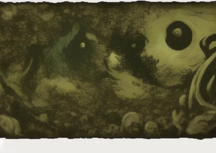black forest landscape with mushrooms and multiple black creatures with glowing eyes,high quality,dark gloomy forest,alot of pine woods,mocnochrome, <lora:LONA05:1>, (Surrealism), dreamlike , distorted , abstract , symbolic