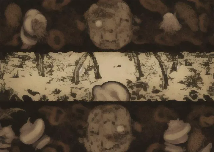 black forest landscape with mushrooms and multiple black creatures with glowing eyes,high quality,dark gloomy forest,alot of pine woods,mocnochrome,skulls and bones,deadly places,ultra high details,uhd,masterpiece,detailed,extreme quality,<lora:LONA05:1>,, (Surrealism), dreamlike , distorted , abstract , symbolic