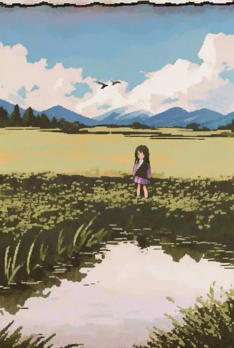 <lora:LONA06:1>,a girl in field,river on background and birds in sky,