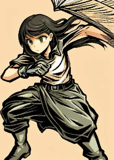 <lora:LONA06:1>a girl,fullbody,psycho,fighting,paper,2colors,