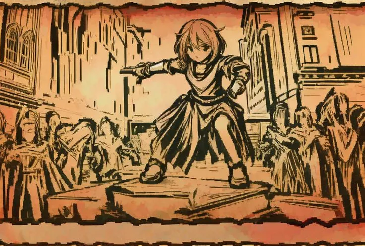 <lora:LONA06:1>a girl,fullbody,psycho,fighting,paper,2colors,medieval city,