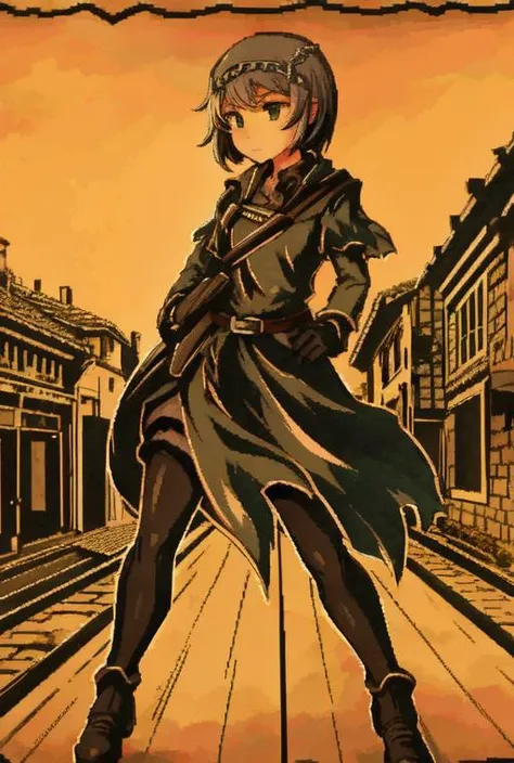 <lora:LONA06:1>a girl,fullbody,psycho,fighting,paper,2colors,medieval city,