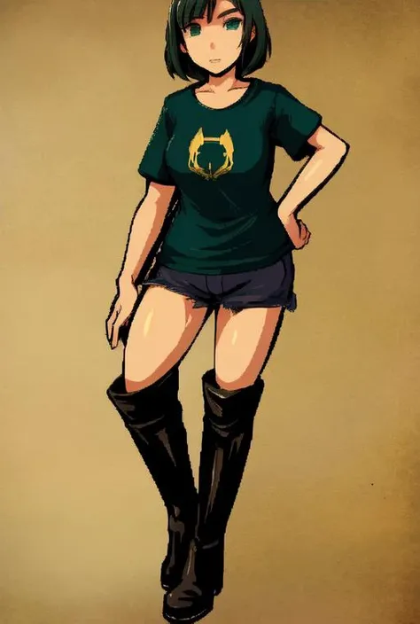 <lora:LONA06:1>face,fullbody,makeup,dark green eyes,tshirt,leather boots,