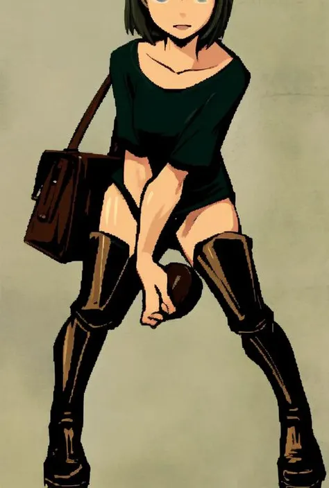 <lora:LONA06:1>face,fullbody,makeup,dark green eyes,tshirt,leather boots,