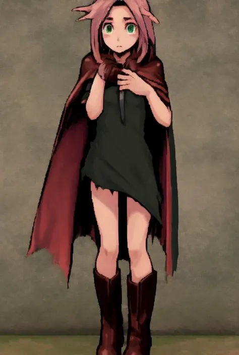 <lora:LONA06:1>face,fullbody,makeup,dark green eyes,tshirt,leather boots,abomination,flesh wall,medieval,long cape,pink panty,