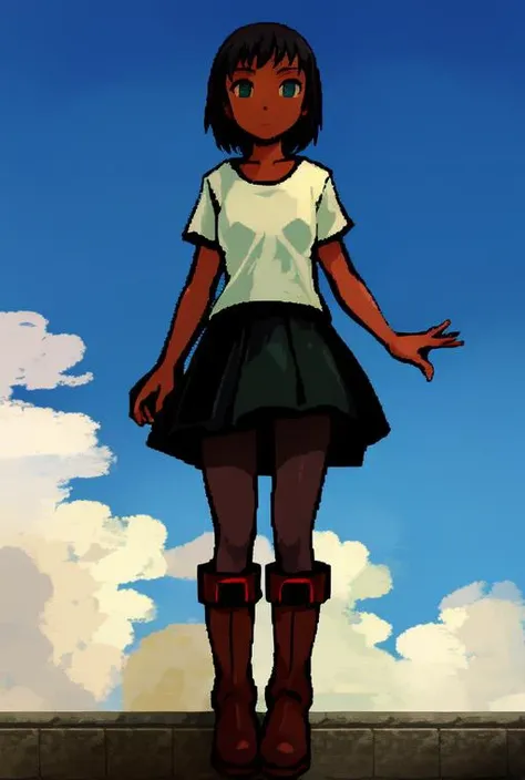 <lora:LONA06:1>face,fullbody,makeup,dark green eyes,tshirt,leather boots,abomination,flesh wall,medieval,lowskirt,dark skin,pantyhose,panty,bottom-up view,viewer watching up,sky,clouds,