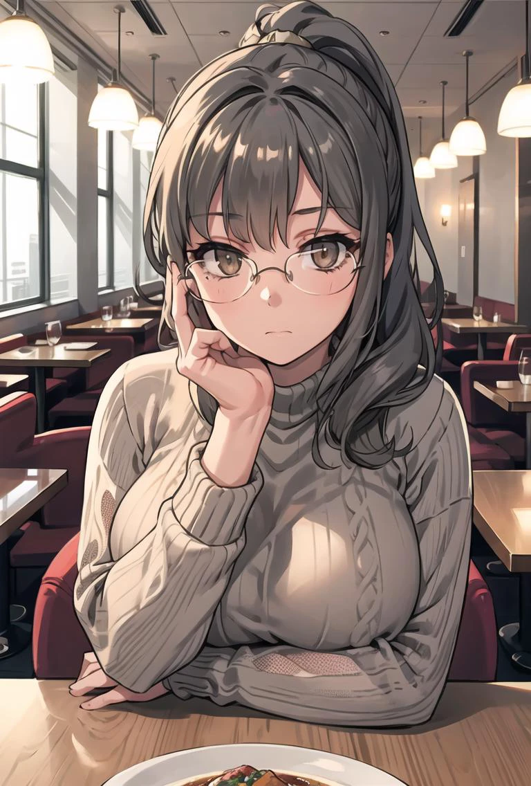 upper body,facing viewer,1girl,RioFutaba,pony tail,dark grey HAIR,brown eyes,glasses,breast rest on table,green sweater,expressionless,elbow on table, hand on face, looking at viewer, big room, giant glass, restaurant, luxurious, light, reflections, solo, <lora:RioFutaba:0.8:katou> <lora:add_detail:0.4>
