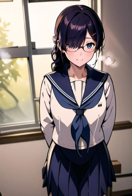 masterpiece, best quality, official art, professional artwork, highres, intricate details, lens flare, (vibrant_color:1.2), <lora:Kaho_Juumonjiv2-10:0.7>, 1girl, solo, long hair, blue eyes, black hair, hair ornament, braid, single braid, glasses, one hairclip, locks over her left eye, hair over her left eye, mole, mole under right eye, navy blue skirt, pleated skirt, shy, blush, school uniform, (white serafuku:1.4), white shirt, blue sailor collar, neckerchief, long sleeves, arms and hands behind back, (expressionless:1.3), smile, classroom background, rain behind window, frontal view, from front