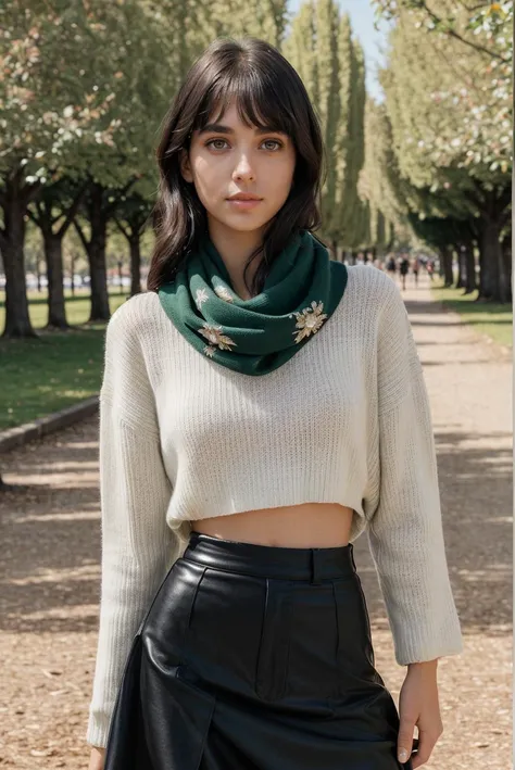 photo of a 0ER0_Elisha_Herbert woman, beautiful, sweater, blouse, scarf, skirt, shirt, detailed skin texture, in a paris park, RAW photo, 8k UHD, soft lighting, high quality, film grain, Fujifilm XT3, 16mm, color graded portra 400 film, remarkable color, remarkable detailed pupils