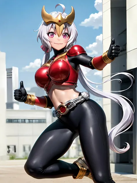 (extremely detailed CG), (best quality), perfect face, shiny skin, lustrous skin,wide hips, 1girl,solo , <lora:YukineChris-10:0.7> YukineChris,light purple hair,very long hair,low twintails,ahoge, purple eyes, twintails, long hair,<lora:KuugaRider-10:0.8>KuugaMighty, ,yellow horns,red armor, rider belt, gloves, midriff,navel,thong,,armor,belt,closed mouth,bare shoulders, thumbs up, smile,full body,