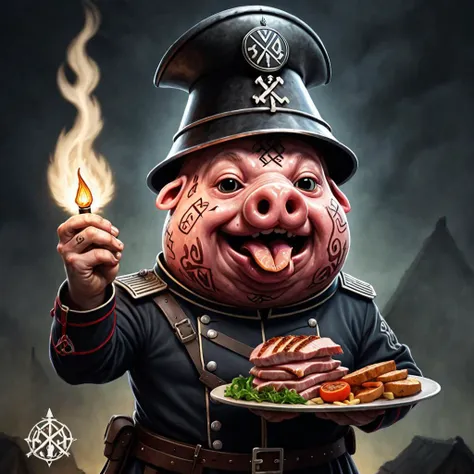 germanic blob person in pickelhaube eating pork, caricature, nordic runes, futhark tattoo, glowing runes, stahlhelm uniform