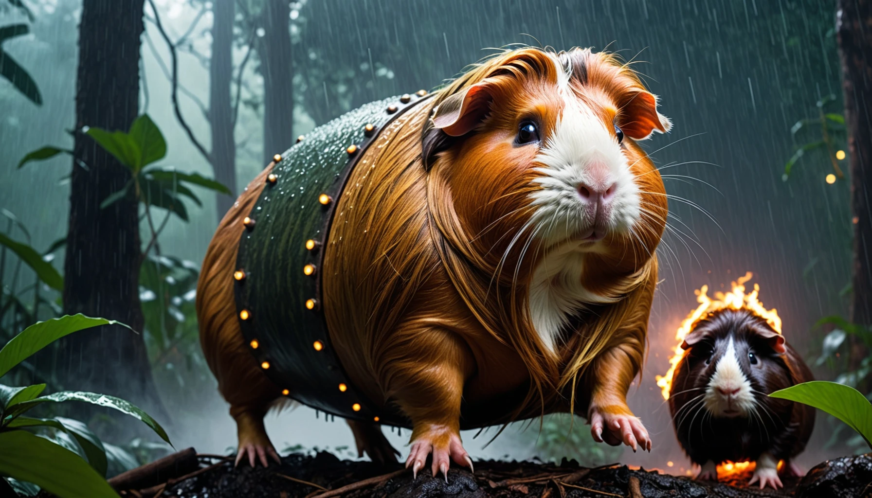 detailed photo of a giant guinea pig, in rain, epic background and light, (viking woman riding the giant guinea pig), jungle background, thunder strike, forest fire, mist, giant trees,magical swirling lights around them, scene from apocalypse now