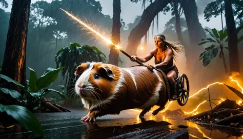 detailed photo of a giant guinea pig, in rain, epic background and light, (viking woman riding the giant guinea pig), jungle background, thunder strike, forest fire, mist, giant trees,magical swirling lights around them, scene from apocalypse now