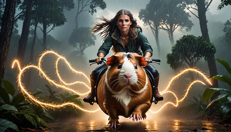 detailed photo of a giant guinea pig, in rain, epic background and light, 21 year old (viking woman riding the giant guinea pig), jungle background, thunder strike, forest fire, mist, giant trees,magical swirling lights around them, a dragon flying behind them