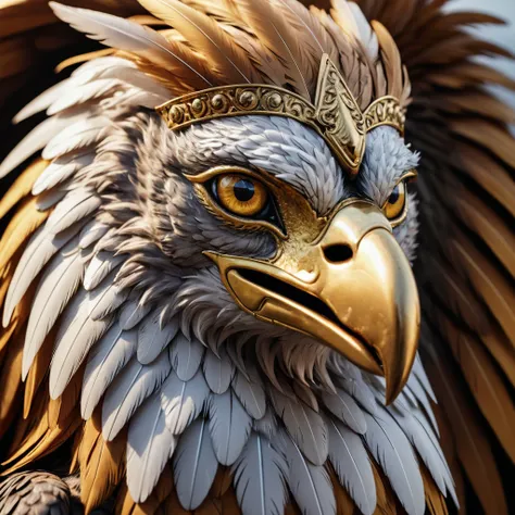 Intensely detailed close-up of a mythical griffin's majestic head, regal feathers, and fierce beak, golden eyes piercing through, 35mm f/2.0 lens capturing both nobility and danger, 8K resolution.