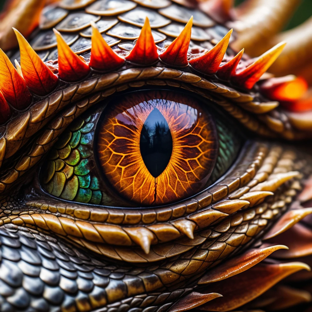 Macro view of a dragon's eye, scales reflecting intricate patterns, fiery hues embedded within, intense gaze conveying ancient wisdom and ferocity, 100mm f/2.8 macro lens, mythical brilliance, 8K resolution.
