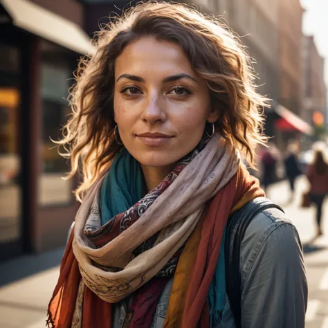 Candid street portrait, bohemian artist with flowing scarf, natural sunlight casting warm tones, 35mm f/2.0 lens, vibrant city atmosphere, artistic charisma, 4K resolution, extreme detailed skin