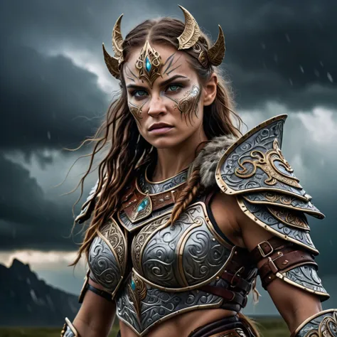 Highly detailed fantasy warrior, mythical armor adorned with intricate designs, dual-wielding enchanted blades, standing against a stormy backdrop, emotional intensity in her gaze, 24mm f/2.8 lens, mythic battleground, 4K resolution, extreme detailed skin, insane detailed, award-winning photo, UHD, DSLR