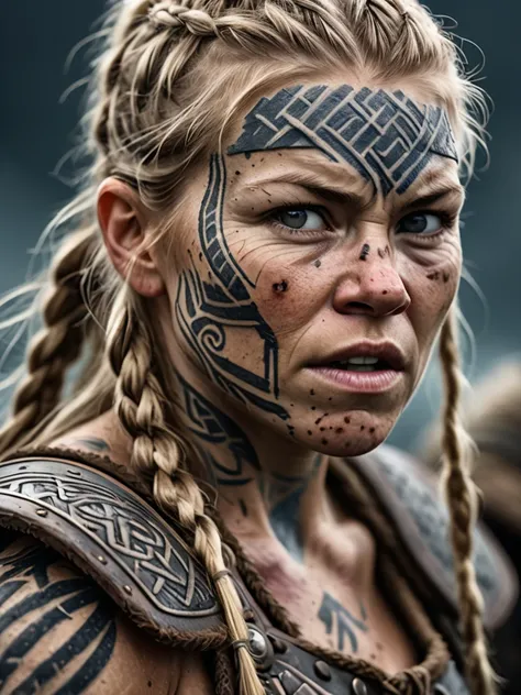 Close-up of a battle-hardened female Viking berserker, weathered face adorned with intricate Nordic tattoos, scars earned in countless conflicts tell stories of victories and defeats, piercing eyes reflecting the fierceness of a warrior, 100mm f/2.8 macro lens capturing the grit and determination, gritty authenticity, 8K resolution