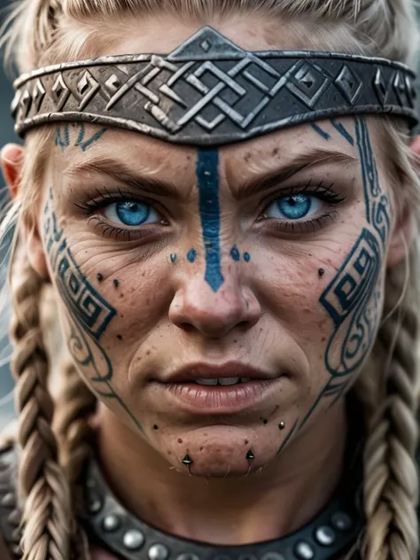 Close-up of a battle-hardened female Viking berserker, weathered face adorned with intricate Nordic tattoos, scars earned in countless conflicts tell stories of victories and defeats, piercing blue eyes reflecting the fierceness of a warrior, 100mm f/2.8 macro lens capturing the grit and determination, gritty authenticity, 8K resolution