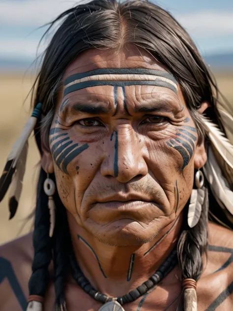 Close-up of a resilient Native American survivor's face, weathered by the hardships of the Indian Wars, traditional tribal markings etched on skin, eyes reflecting ancestral wisdom and resilience, 100mm f/2.8 macro lens capturing intricate details, prairie winds gently rustling his hair, 8K resolution