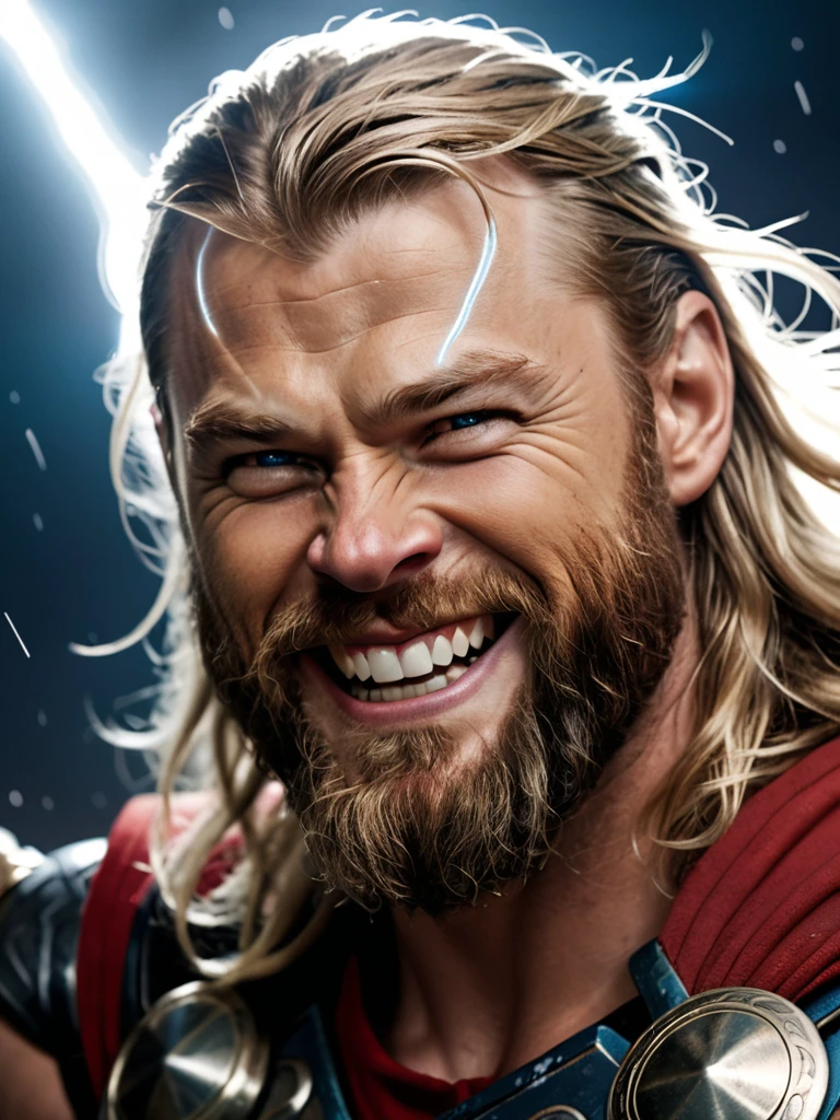 Extreme close-up of Thor's face in a moment of triumph, victorious grin spreading across his features, beard bristling with energy, Mjolnir's inscription glinting in the light, 35mm f/2.0 lens capturing the essence of the thunder god, 8K resolution