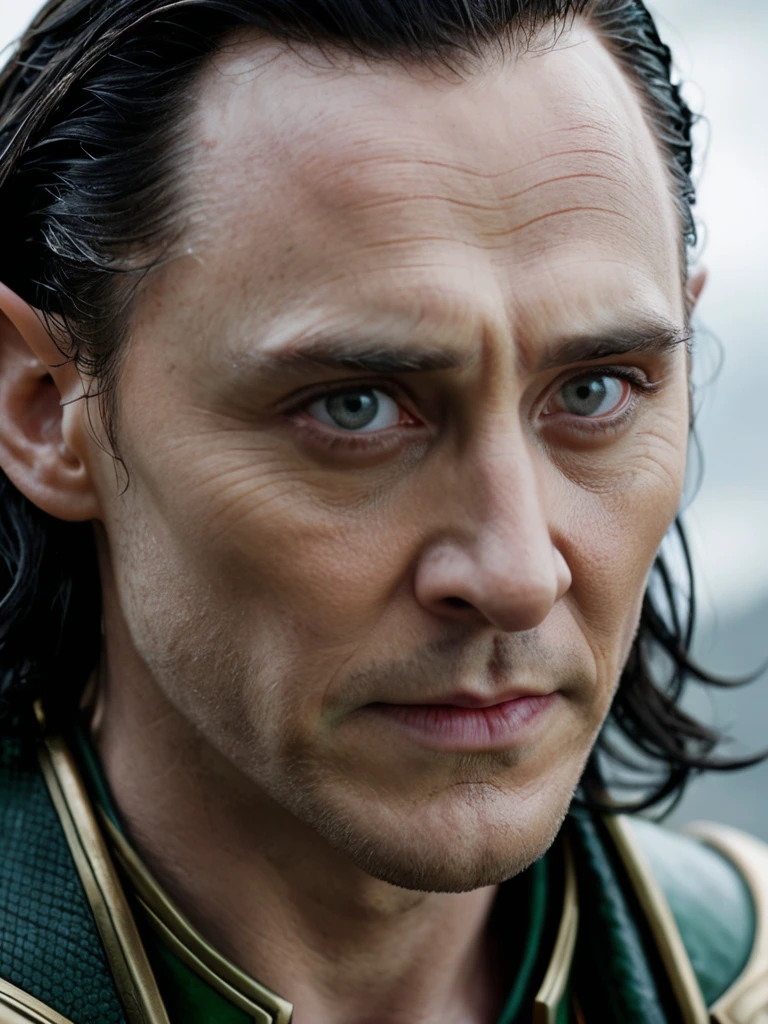 Intimate view of Loki's face in a moment of vulnerability, hints of sorrow in his eyes, complex emotions playing across his features, 85mm f/1.4 lens revealing the depth of the character's inner conflicts, 6K resolution.