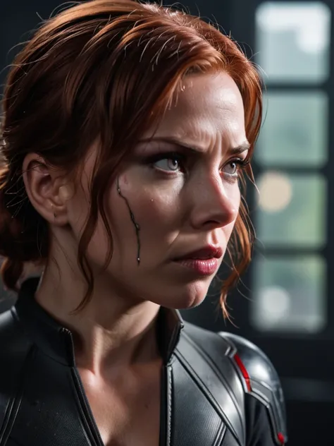 Intimate view of Black Widow's face in a moment of introspection, subtle vulnerability in her eyes contrasting with a steely resolve, traces of battle scars hinting at a complex past, 85mm f/1.4 lens revealing the depth of her character, 6K resolution.