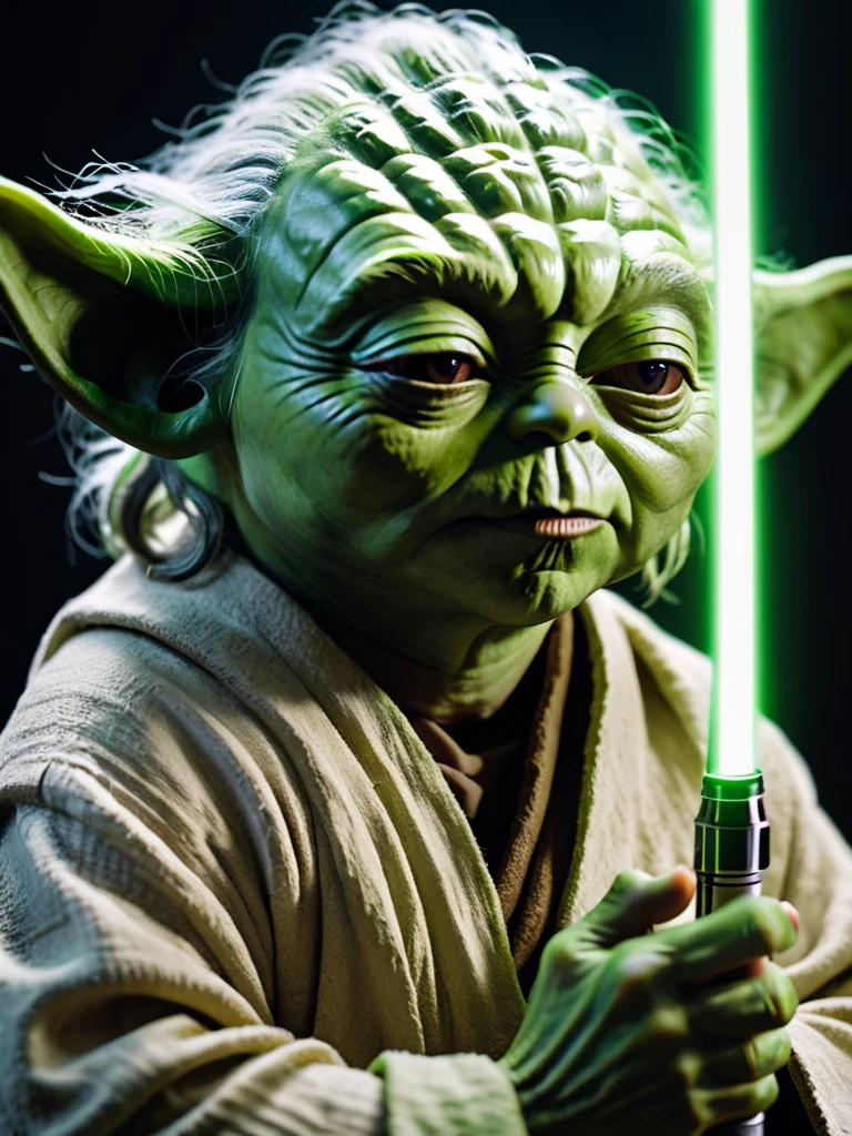 Raw close-up of Yoda's face during a lightsaber meditation, eyes closed in concentration, green skin illuminated by the hum of the Jedi weapon, 50mm f/1.8 lens emphasizing the spiritual connection to the Force, 4K resolution.
