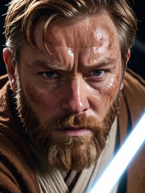 Raw close-up of Obi-Wan's face in the midst of a lightsaber duel, sweat and concentration etched on his features, beard ruffled by the intensity of battle, 50mm f/1.8 lens emphasizing the martial prowess of the Jedi Knight, 4K resolution.