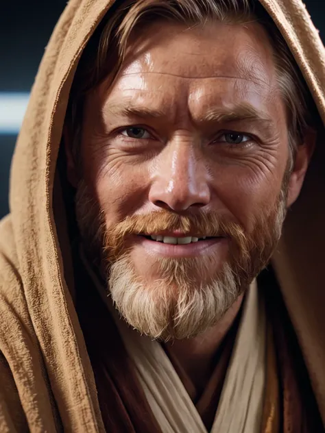 Extreme close-up of Obi-Wan's face in a moment of mentorship, a warm smile playing on his lips as he imparts Jedi wisdom, weathered robe framing his features, 35mm f/2.0 lens capturing the benevolence of the Jedi Master, 8K resolution.