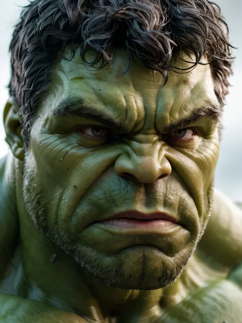 Intimate view of the Hulk's face in a moment of contemplation, hints of Bruce Banner's humanity peeking through, furrowed brows and a conflicted expression, 85mm f/1.4 lens revealing the duality of the character, 6K resolution.