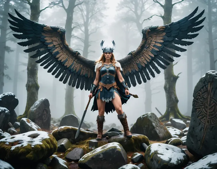 In the heart of a mist-covered Norse forest, a mythical Valkyrie, with wings outstretched, stands among ancient rune-covered stones. Captured with a 35mm f/2.0 lens, the Valkyrie's fierce expression and the mystical setting create a captivating image that pays homage to Nordic mythology, 8K resolution, UHD, DSLR, Insane details, award-winning photo, <lora:WildcardX-XL-Detail-Enhancer:1>