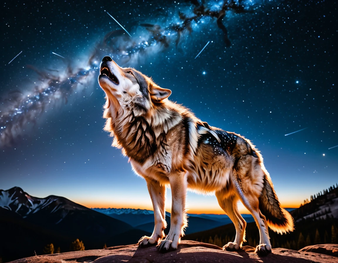 Beneath the starlit sky, a magical creature a mix of wolf and constellation howls to the heavens. Captured with a 35mm f/2.0 lens, the cosmic glow of the creature's fur against the night sky creates a spellbinding image. This fantastical composition earns recognition for its creativity and celestial allure, 8K resolution, UHD, DSLR, Insane details, award-winning photo, <lora:WildcardX-XL-Detail-Enhancer:1>