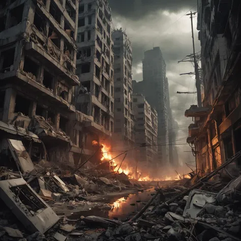 Epic artwork insane details of a polluted and destroyed city, an atomic blast is in the background, undefined