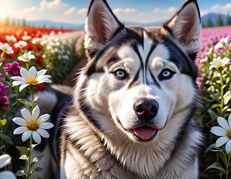 Beautiful husky inside a flower field , detailed, realistic, 8k uhd, high quality