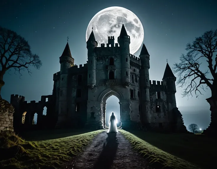 Within the haunted ruins of an ancient castle, ghostly apparitions of mythical beings from forgotten tales materialize under the moon's eerie glow. Shot with a 50mm f/1.8 lens, the ethereal figures and the haunting atmosphere of the castle create an image that delves into the spectral side of fantasy creatures that emerge in the depths of the night, 4K resolution, UHD, DSLR, Insane details, award-winning photo, <lora:WildcardX-XL-Detail-Enhancer:1>