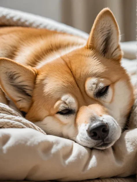 closeup of an shiba inu dog is sleeping on a bed , detailed, realistic, 8k uhd, high quality