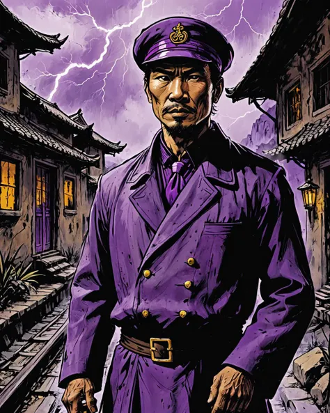 stylized, 1950'S Han Dynasty Male Train conductor, inside The Lost City of Zerzura, Thunderstorm, Sharp and in focus, Satisfying, natural lighting, F/2.8, cheetah print and electric purple hue, manly, monochromatic, <lora:Dark_Novel:0.7>